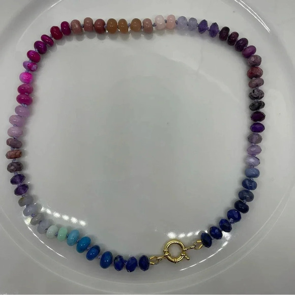 Rainbow hand knotted beaded gemstone necklace 18” blue pink purple 925 silver - Picture 4 of 7